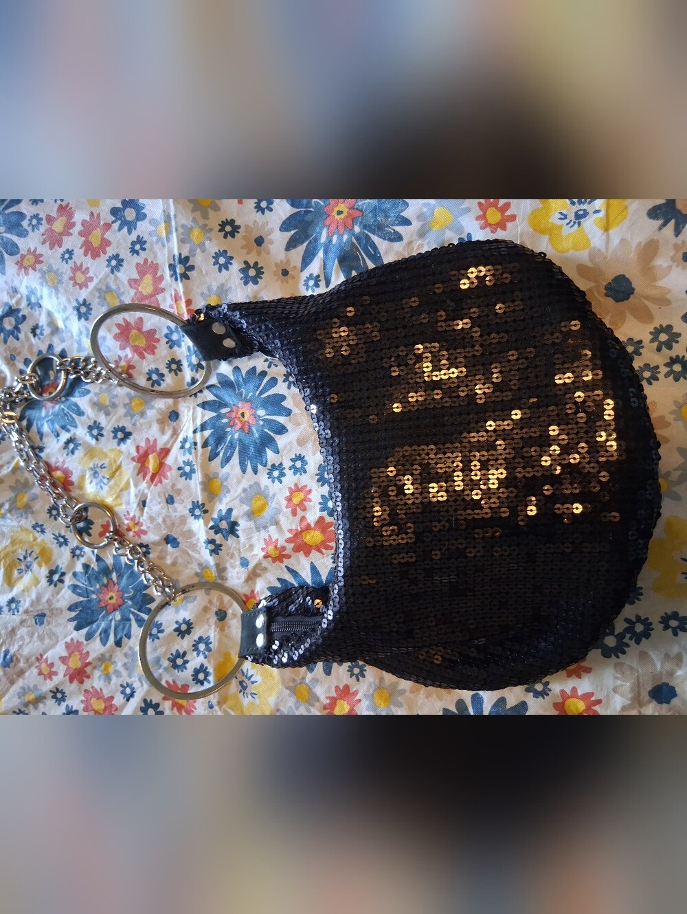 Black Sequin Shoulder Bag with Silver Chain Rings